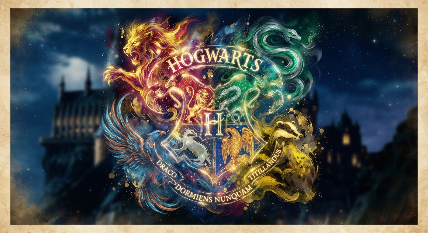 The four Hogwarts houses in a luminous painted crest